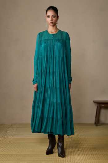 Ritu Kumar_Blue Viscose, Chinon Round Neck Ahram Teal Long Dress _at_Aza_Fashions