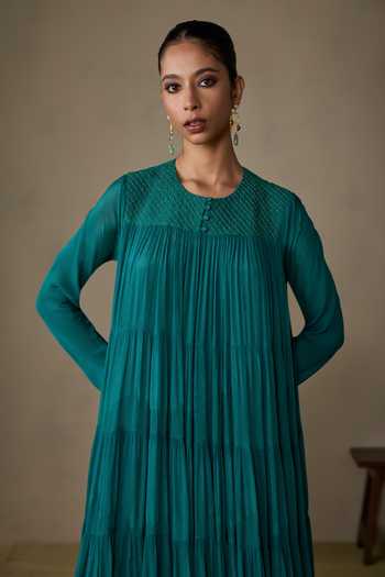 Buy_Ritu Kumar_Blue Viscose, Chinon Round Neck Ahram Teal Long Dress 