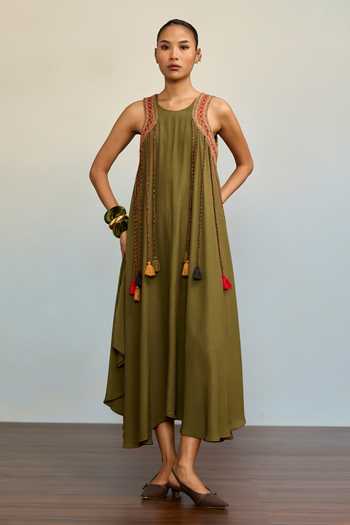 Ritu Kumar_Olive Green Crepe Round Neck Boho Bliss Long Dress _Online_at_Aza_Fashions
