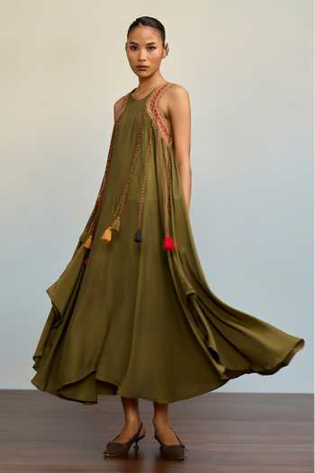 Buy_Ritu Kumar_Olive Green Crepe Round Neck Boho Bliss Long Dress _Online_at_Aza_Fashions