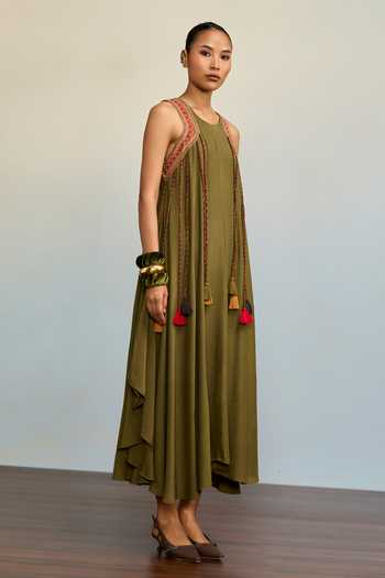 Shop_Ritu Kumar_Olive Green Crepe Round Neck Boho Bliss Long Dress _Online_at_Aza_Fashions