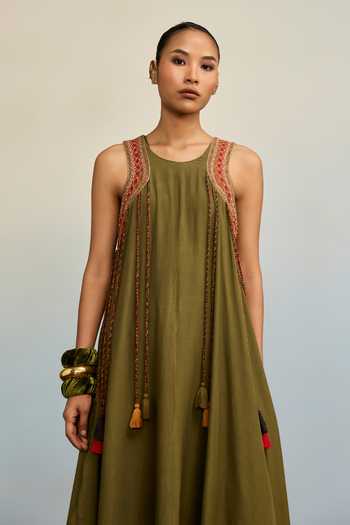 Ritu Kumar_Olive Green Crepe Round Neck Boho Bliss Long Dress _at_Aza_Fashions