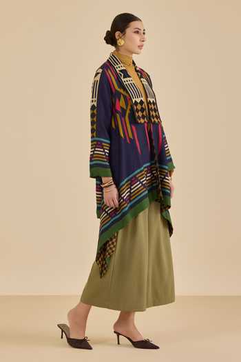 Ritu Kumar Blue Georgette, Viscose Shawl Neck Klim Printed Shrug Online at Aza Fashions Ritu Kumar_Blue Georgette, Viscose Shawl Neck Klim Printed Shrug _Online_at_Aza_Fashions