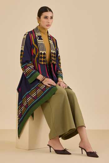 Shop Ritu Kumar Blue Georgette, Viscose Shawl Neck Klim Printed Shrug Online at Aza Fashions Shop_Ritu Kumar_Blue Georgette, Viscose Shawl Neck Klim Printed Shrug _Online_at_Aza_Fashions