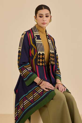 Ritu Kumar Blue Georgette, Viscose Shawl Neck Klim Printed Shrug at Aza Fashions Ritu Kumar_Blue Georgette, Viscose Shawl Neck Klim Printed Shrug _at_Aza_Fashions
