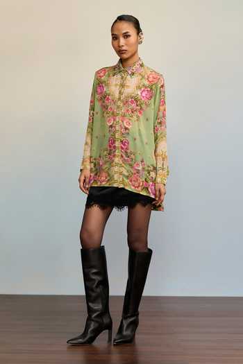 Ritu Kumar Green Crepe, Rayon Collared Neck Rose Floral Print Shirt Online at Aza Fashions Ritu Kumar_Green Crepe, Rayon Collared Neck Rose Floral Print Shirt _Online_at_Aza_Fashions