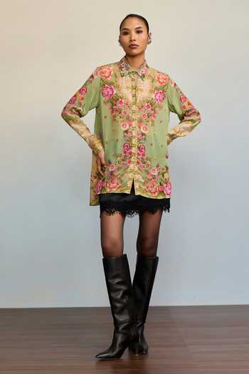 Buy Ritu Kumar Green Crepe, Rayon Collared Neck Rose Floral Print Shirt Online at Aza Fashions Buy_Ritu Kumar_Green Crepe, Rayon Collared Neck Rose Floral Print Shirt _Online_at_Aza_Fashions