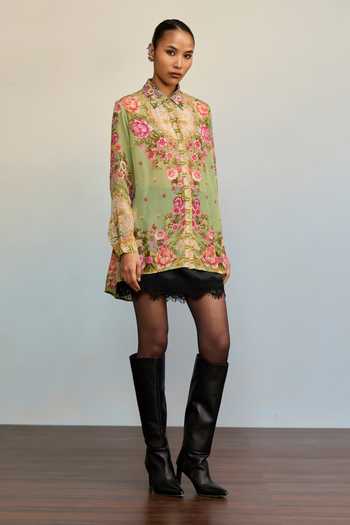 Shop Ritu Kumar Green Crepe, Rayon Collared Neck Rose Floral Print Shirt Online at Aza Fashions Shop_Ritu Kumar_Green Crepe, Rayon Collared Neck Rose Floral Print Shirt _Online_at_Aza_Fashions