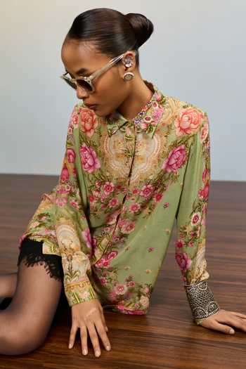 Ritu Kumar Green Crepe, Rayon Collared Neck Rose Floral Print Shirt at Aza Fashions Ritu Kumar_Green Crepe, Rayon Collared Neck Rose Floral Print Shirt _at_Aza_Fashions