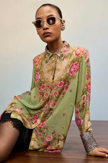 Buy Ritu Kumar Green Crepe, Rayon Collared Neck Rose Floral Print Shirt Buy_Ritu Kumar_Green Crepe, Rayon Collared Neck Rose Floral Print Shirt