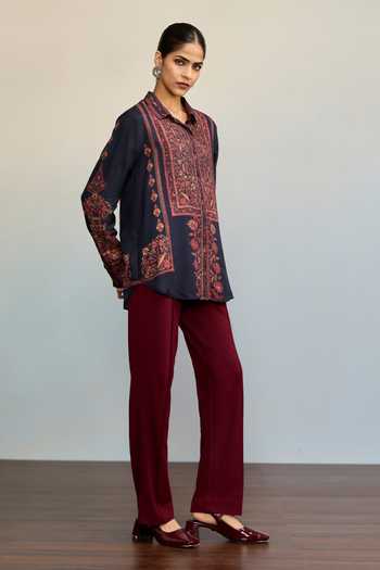 Ritu Kumar Blue Viscose, Dupion Collared Neck Hiyaa Paisley Print Shirt Online at Aza Fashions Ritu Kumar_Blue Viscose, Dupion Collared Neck Hiyaa Paisley Print Shirt _Online_at_Aza_Fashions