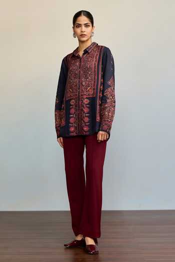 Buy Ritu Kumar Blue Viscose, Dupion Collared Neck Hiyaa Paisley Print Shirt Online at Aza Fashions Buy_Ritu Kumar_Blue Viscose, Dupion Collared Neck Hiyaa Paisley Print Shirt _Online_at_Aza_Fashions