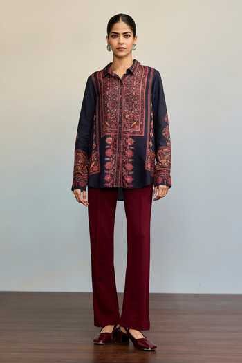 Shop Ritu Kumar Blue Viscose, Dupion Collared Neck Hiyaa Paisley Print Shirt Online at Aza Fashions Shop_Ritu Kumar_Blue Viscose, Dupion Collared Neck Hiyaa Paisley Print Shirt _Online_at_Aza_Fashions