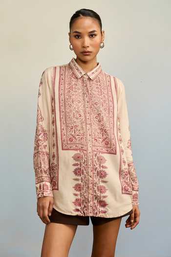 Buy Ritu Kumar Beige Viscose, Dupion Collared Neck Hiyaa Paisley Print Ecru Shirt Buy_Ritu Kumar_Beige Viscose, Dupion Collared Neck Hiyaa Paisley Print Ecru Shirt