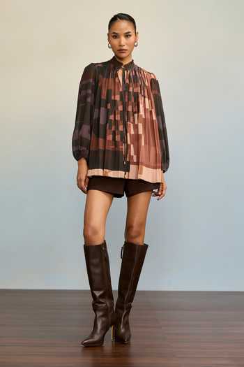 Ritu Kumar_Brown Georgette, Polyester, Viscose, Lycra, Jersey Urbanrap Printed Top _Online_at_Aza_Fashions