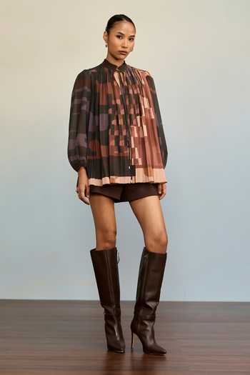 Buy_Ritu Kumar_Brown Georgette, Polyester, Viscose, Lycra, Jersey Urbanrap Printed Top _Online_at_Aza_Fashions