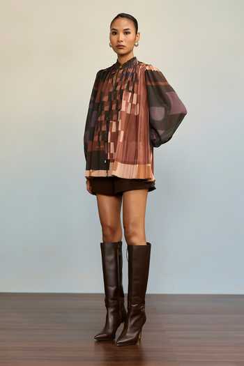 Shop_Ritu Kumar_Brown Georgette, Polyester, Viscose, Lycra, Jersey Urbanrap Printed Top _Online_at_Aza_Fashions