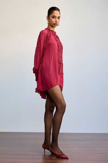 Ritu Kumar Maroon Viscose, Chinon, Jersey, Lycra High Neck Labyrinth Solid Top Online at Aza Fashions Ritu Kumar_Maroon Viscose, Chinon, Jersey, Lycra High Neck Labyrinth Solid Top _Online_at_Aza_Fashions