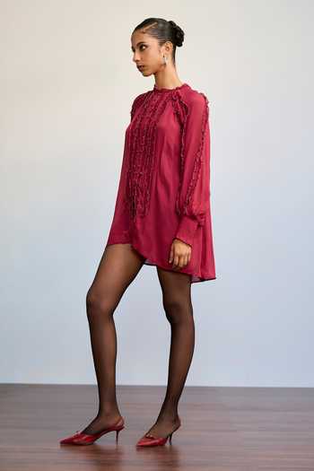 Buy Ritu Kumar Maroon Viscose, Chinon, Jersey, Lycra High Neck Labyrinth Solid Top Online at Aza Fashions Buy_Ritu Kumar_Maroon Viscose, Chinon, Jersey, Lycra High Neck Labyrinth Solid Top _Online_at_Aza_Fashions