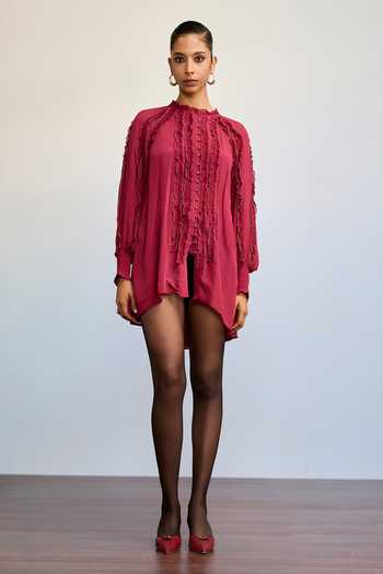 Shop Ritu Kumar Maroon Viscose, Chinon, Jersey, Lycra High Neck Labyrinth Solid Top Online at Aza Fashions Shop_Ritu Kumar_Maroon Viscose, Chinon, Jersey, Lycra High Neck Labyrinth Solid Top _Online_at_Aza_Fashions