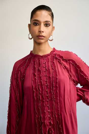 Ritu Kumar Maroon Viscose, Chinon, Jersey, Lycra High Neck Labyrinth Solid Top at Aza Fashions Ritu Kumar_Maroon Viscose, Chinon, Jersey, Lycra High Neck Labyrinth Solid Top _at_Aza_Fashions