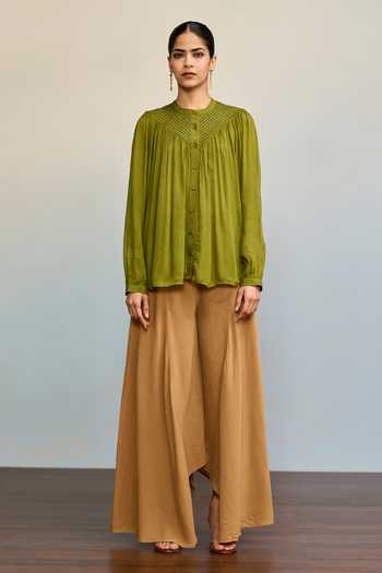 Ritu Kumar Olive Green Viscose, Chinon, Lycra, Jersey Mandarin Collar Ahram Top Online at Aza Fashions Ritu Kumar_Olive Green Viscose, Chinon, Lycra, Jersey Mandarin Collar Ahram Top _Online_at_Aza_Fashions