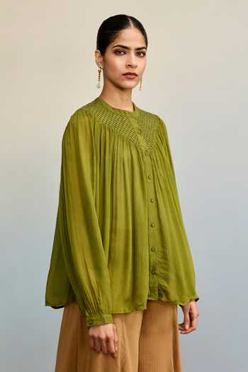 Buy Ritu Kumar Olive Green Viscose, Chinon, Lycra, Jersey Mandarin Collar Ahram Top Online at Aza Fashions Buy_Ritu Kumar_Olive Green Viscose, Chinon, Lycra, Jersey Mandarin Collar Ahram Top _Online_at_Aza_Fashions