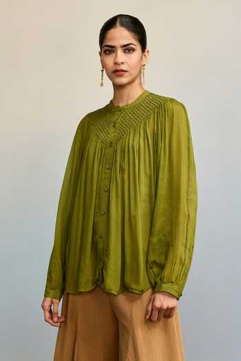 Shop Ritu Kumar Olive Green Viscose, Chinon, Lycra, Jersey Mandarin Collar Ahram Top Online at Aza Fashions Shop_Ritu Kumar_Olive Green Viscose, Chinon, Lycra, Jersey Mandarin Collar Ahram Top _Online_at_Aza_Fashions