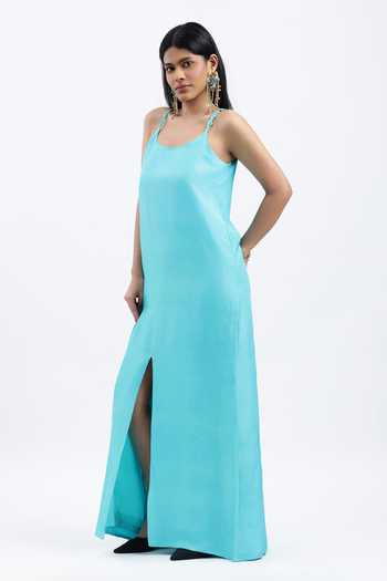 AK-OK Turquoise Scoop Neck Strap Embellished Dress Online at Aza Fashions AK-OK_Turquoise Scoop Neck Strap Embellished Dress _Online_at_Aza_Fashions