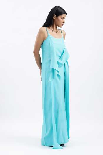 AK-OK Turquoise Scoop Neck Draped Maxi Dress Online at Aza Fashions AK-OK_Turquoise Scoop Neck Draped Maxi Dress _Online_at_Aza_Fashions
