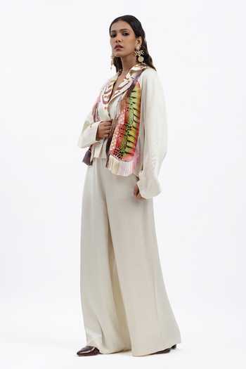 AK-OK_Off White Collared Neck Fringed Cropped Jacket _Online_at_Aza_Fashions