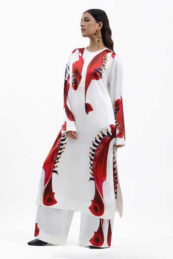 AK-OK Ivory Silk Round Neck, Yes Printed Straight Kurta And Trouser Set Online at Aza Fashions AK-OK_Ivory Silk Round Neck, Yes Printed Straight Kurta And Trouser Set _Online_at_Aza_Fashions
