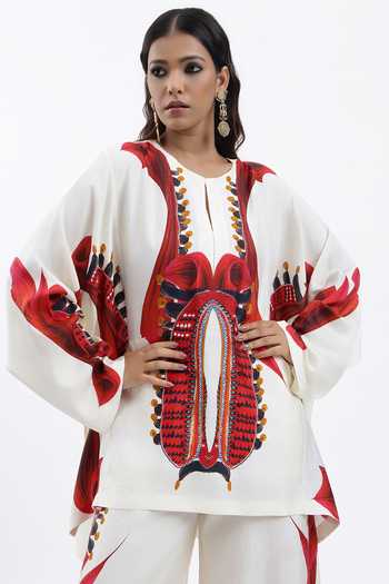 Shop AK-OK Ivory Silk Round Neck Printed Boxy Kurta With Trouser Online at Aza Fashions Shop_AK-OK_Ivory Silk Round Neck Printed Boxy Kurta With Trouser _Online_at_Aza_Fashions