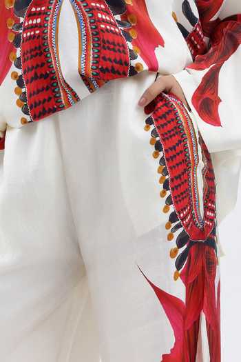 AK-OK Ivory Silk Round Neck Printed Boxy Kurta With Trouser at Aza Fashions AK-OK_Ivory Silk Round Neck Printed Boxy Kurta With Trouser _at_Aza_Fashions