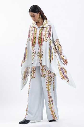 Shop AK-OK Off White Silk Collared Neck Printed Shirt And Trouser Set Online at Aza Fashions Shop_AK-OK_Off White Silk Collared Neck Printed Shirt And Trouser Set _Online_at_Aza_Fashions