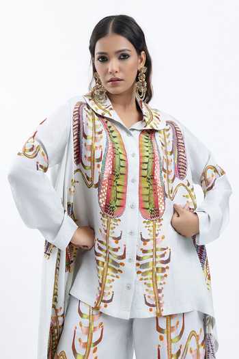 AK-OK Off White Silk Collared Neck Printed Shirt And Trouser Set at Aza Fashions AK-OK_Off White Silk Collared Neck Printed Shirt And Trouser Set _at_Aza_Fashions