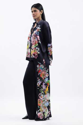 AK-OK Black Silk Collared Neck Floral Print Shirt Online at Aza Fashions AK-OK_Black Silk Collared Neck Floral Print Shirt _Online_at_Aza_Fashions