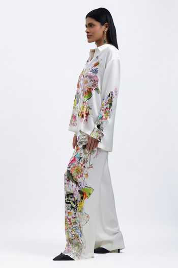 AK-OK White Silk Collared Neck Floral Pattern Shirt Online at Aza Fashions AK-OK_White Silk Collared Neck Floral Pattern Shirt _Online_at_Aza_Fashions