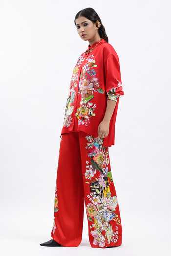 AK-OK Red Silk Collared Neck Botanical Print Shirt Online at Aza Fashions AK-OK_Red Silk Collared Neck Botanical Print Shirt _Online_at_Aza_Fashions