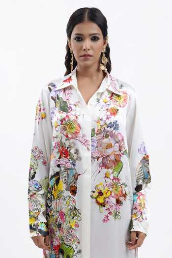 Buy AK-OK White Silk Collared Neck Floral Print Shirt Dress Online at Aza Fashions Buy_AK-OK_White Silk Collared Neck Floral Print Shirt Dress _Online_at_Aza_Fashions