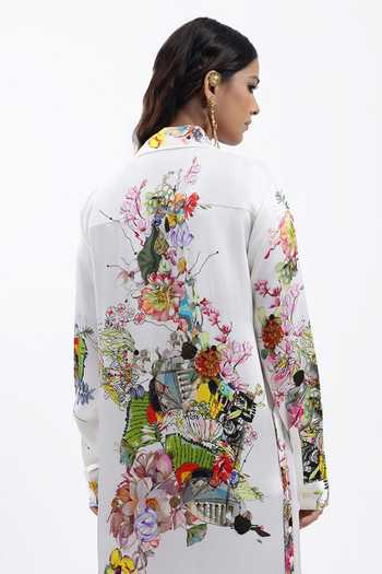 AK-OK White Silk Collared Neck Floral Print Shirt Dress at Aza Fashions AK-OK_White Silk Collared Neck Floral Print Shirt Dress _at_Aza_Fashions