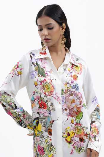 Buy AK-OK White Silk Collared Neck Floral Print Shirt Dress Buy_AK-OK_White Silk Collared Neck Floral Print Shirt Dress