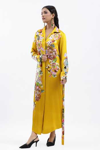 AK-OK Mustard Silk Collared Neck Flower Print Shirt Dress Online at Aza Fashions AK-OK_Mustard Silk Collared Neck Flower Print Shirt Dress _Online_at_Aza_Fashions