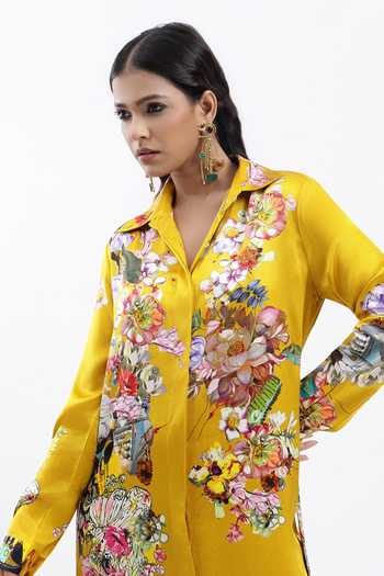 Buy AK-OK Mustard Silk Collared Neck Flower Print Shirt Dress Online at Aza Fashions Buy_AK-OK_Mustard Silk Collared Neck Flower Print Shirt Dress _Online_at_Aza_Fashions