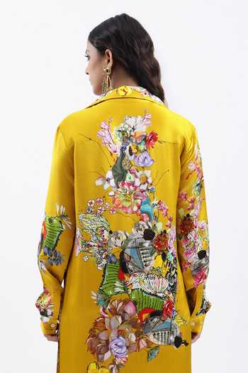 Shop AK-OK Mustard Silk Collared Neck Flower Print Shirt Dress Online at Aza Fashions Shop_AK-OK_Mustard Silk Collared Neck Flower Print Shirt Dress _Online_at_Aza_Fashions