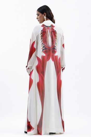 AK-OK Abstract Print Silk Maxi Shirt Dress