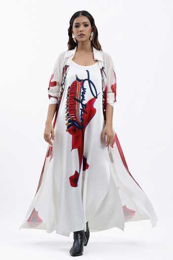 AK-OK Abstract Print Silk Maxi Shirt Dress