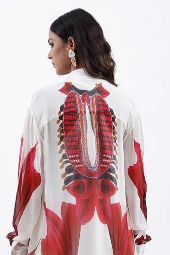 Shop AK-OK Ivory Silk Scoop Neck Abstract Print Maxi Shirt Dress Online at Aza Fashions Shop_AK-OK_Ivory Silk Scoop Neck Abstract Print Maxi Shirt Dress _Online_at_Aza_Fashions
