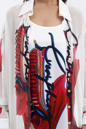 AK-OK Ivory Silk Scoop Neck Abstract Print Maxi Shirt Dress at Aza Fashions AK-OK_Ivory Silk Scoop Neck Abstract Print Maxi Shirt Dress _at_Aza_Fashions
