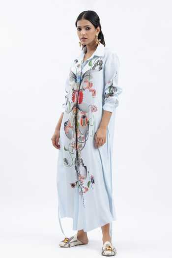 AK-OK Blue Silk Collared Neck Floral Print Maxi Shirt Dress Online at Aza Fashions AK-OK_Blue Silk Collared Neck Floral Print Maxi Shirt Dress _Online_at_Aza_Fashions